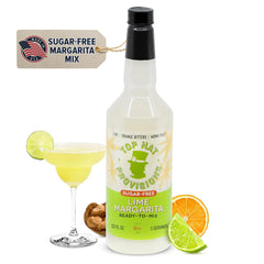 Top Hat Provisions lime margarita mix bottle, ready for keto-friendly cocktails and zero-calorie drinks.