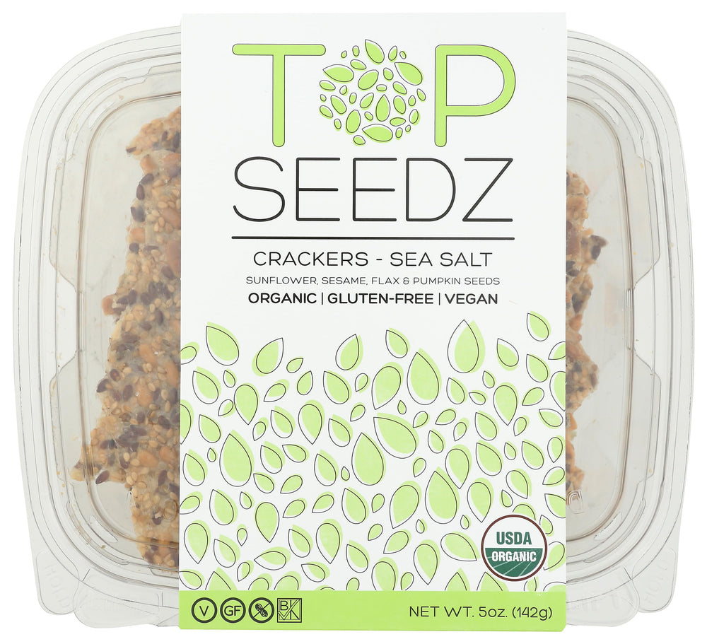 Top Seedz Sea Salt Crackers box front highlighting organic, gluten-free goodness.