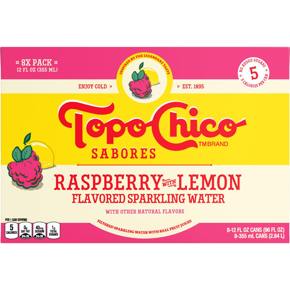 Topo Chico Sabores Raspberry with Lemon 12oz can showing refreshing real-juice sparkling water
