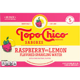 Topo Chico Sabores Raspberry with Lemon 12oz can showing refreshing real-juice sparkling water