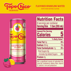 Topo Chico Sabores Raspberry with Lemon glass with bubbles showcasing bright citrus notes