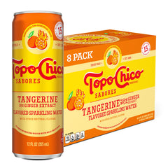 Topo Chico Sabores Tangerine Ginger can with crisp bubbles and real juice.