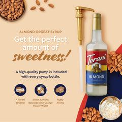 Torani Almond Orgeat Syrup glass bottle showcased for home café use