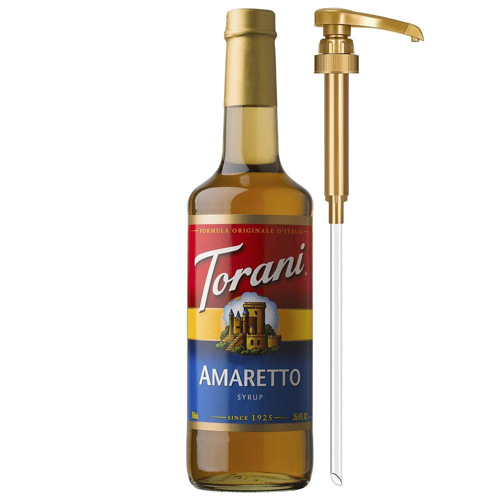 Torani Amaretto syrup bottle with pump for easy measuring in coffee drinks.