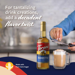 Torani Amaretto syrup being poured into coffee for a fragrant latte.