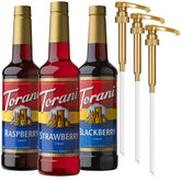Torani Berry Lovers Raspberry Pour highlights vibrant color for refreshing beverages.