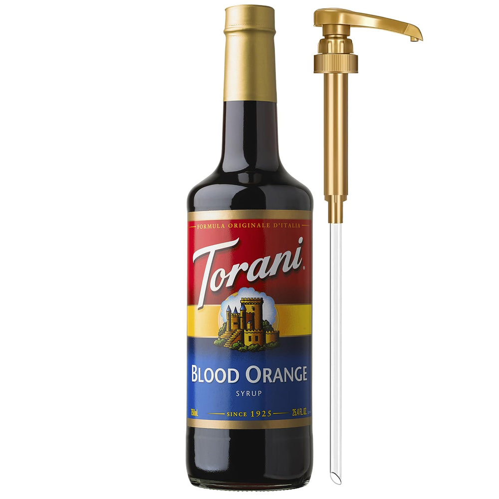 Torani Blood Orange Syrup bottle with pump for easy, mess-free sweetening in beverages.