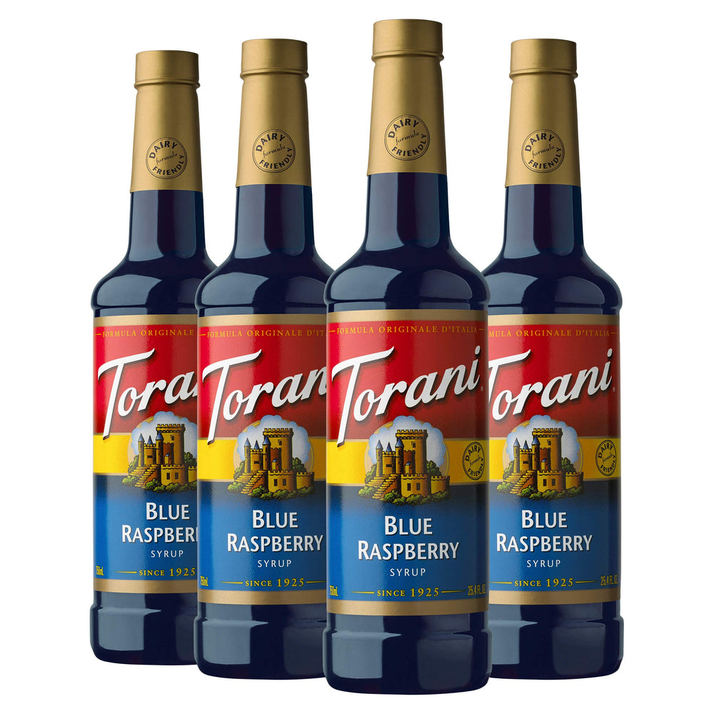 Torani Blue Raspberry Syrup bottle front displaying vibrant blue color for drinks.