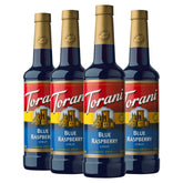 Torani Blue Raspberry Syrup bottle front displaying vibrant blue color for drinks.