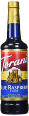 Torani Blue Raspberry Syrup bottle front, vibrant color for drinks
