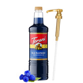 Torani Blue Raspberry Syrup bottle with pump for mess-free flavoring.
