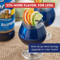 Torani blue raspberry syrup milk-friendly blend for smooth mixing in dairy and alternatives.