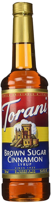 Torani Brown Sugar Cinnamon Syrup bottle ready to flavor coffee.