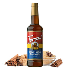 Torani Brown Sugar Cinnamon syrup bottle pour adds warm spice to drinks.