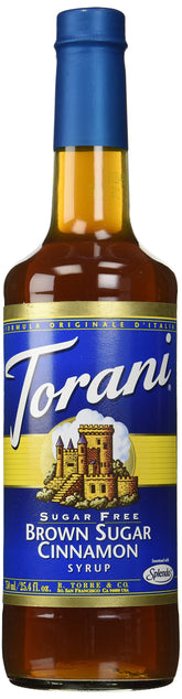 Torani Sugar Free Brown Sugar Cinnamon Syrup bottle showcasing the 750 mL packaging and flavor