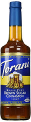 Torani Sugar Free Brown Sugar Cinnamon Syrup bottle showcasing the 750 mL packaging and flavor