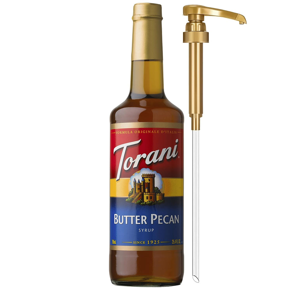 Torani Butter Pecan syrup bottle with pump for easy, mess-free flavoring