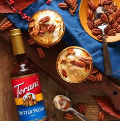 Torani Butter Pecan Syrup pour improves latte flavor with nutty notes.