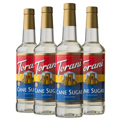 Torani cane sugar syrup bottle pouring for rich coffee and tea flavor