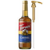 Torani Caramel Syrup pump close-up for easy flavoring in beverages