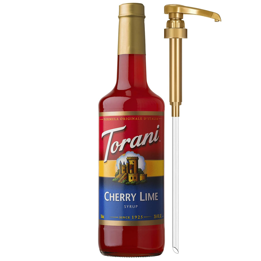 Torani Cherry Lime Syrup bottle with pump ready for pouring.