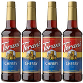 Torani Cherry Syrup bottle front view on a table, elevating everyday beverages with cherry flavor.
