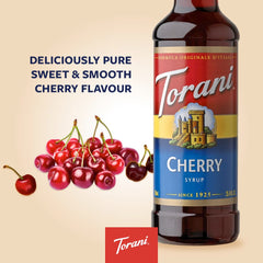 Close-up of Torani Cherry Syrup ingredients with cane sugar and natural flavors.