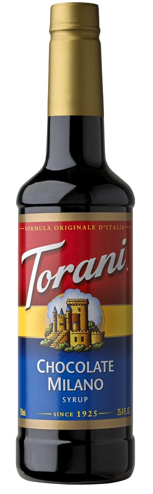 Torani Chocolate Milano syrup bottle pour, rich chocolate flavor ideal for mochas and iced coffees.