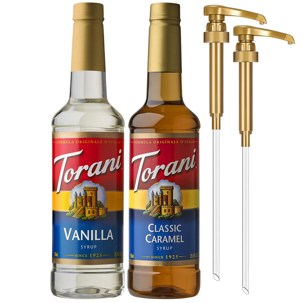 Torani Classic Caramel bottle with pump for cafe-style lattes at home.