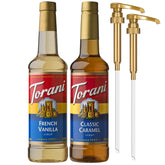 Torani Classic Caramel Syrup bottle enhances coffee flavor and desserts.