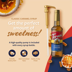 Torani Classic Caramel Syrup close-up label signals premium flavor