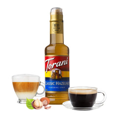 Torani Hazelnut syrup packaging showing a four-bottle set.