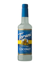 Torani Coconut Sugar Free Syrup bottle with pump for calorie-free coconut flavor.