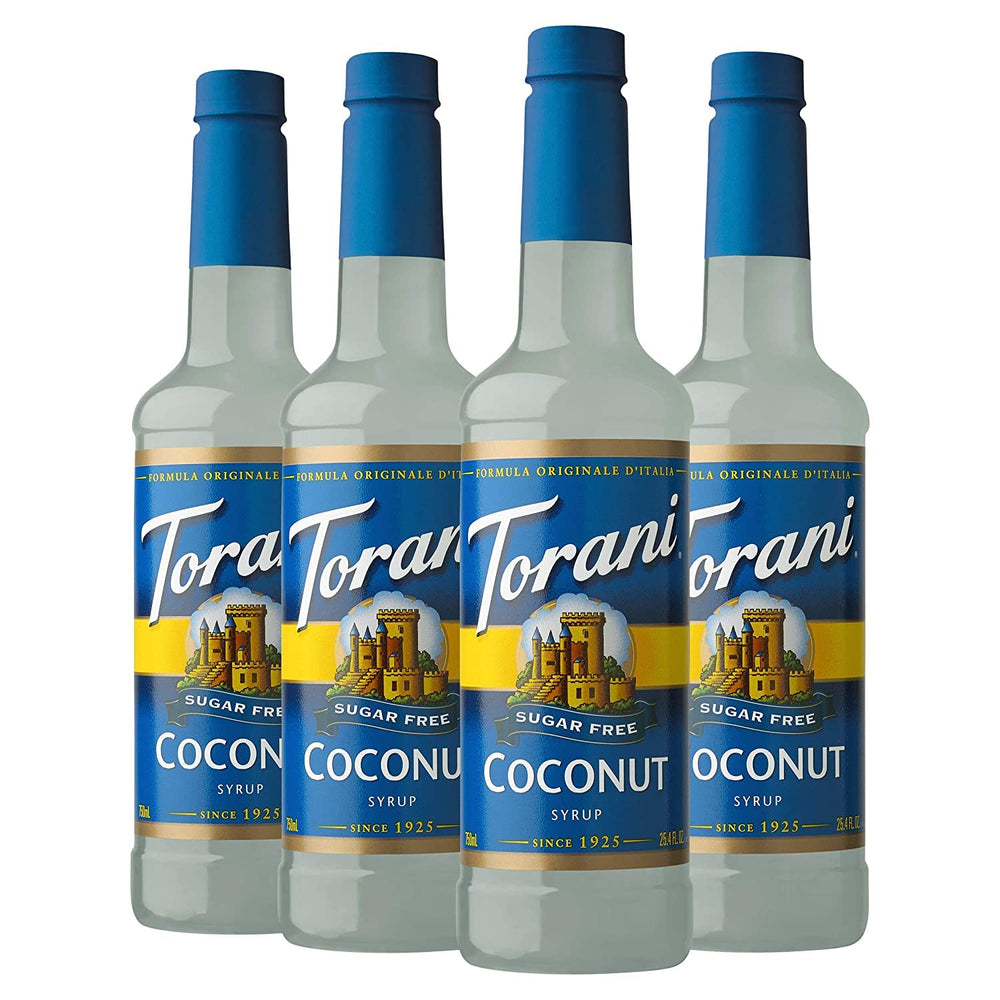 Torani Coconut Sugar Free Syrup bottle pouring into tropical drink for zero-calorie flavor