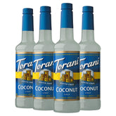 Torani Coconut Sugar Free Syrup bottle pouring into tropical drink for zero-calorie flavor