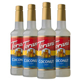 Torani Coconut Syrup bottle close-up for tropical flavor versatility.