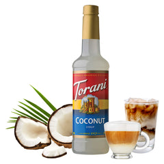 Torani Coconut Syrup pour in glass to elevate sodas and iced teas.