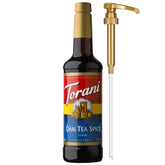 Torani chai spice coffee syrup bottle adds flavor for home lattes.