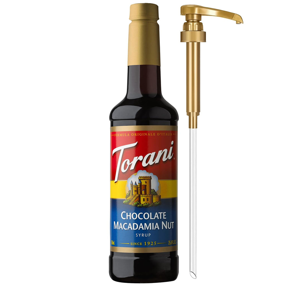 Torani Chocolate Macadamia Nut syrup bottle for latte pouring