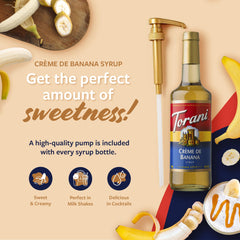 Pour-ready Torani Crème de Banana syrup pump enables precise sweetness in beverages.