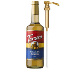 Torani Crème de Banana syrup bottle with pump for easy, mess-free flavoring in drinks.