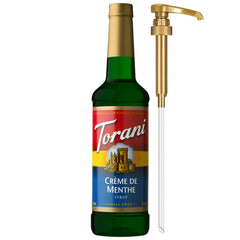 Torani Crème de Menthe syrup bottle front view highlights mint flavor for coffee and desserts.