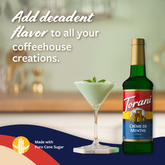 Torani Crème de Menthe syrup pump in action for mess-free beverage sweetening.
