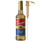 Torani English Toffee Syrup bottle with pump for easy, mess-free sweetening at home.