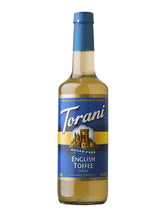Torani English Toffee Sugar Free bottle—calorie-free toffee flavor for coffee.