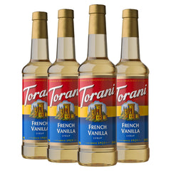 Torani French Vanilla syrup pack of four bottles for home coffee flavor.