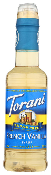 Torani French Vanilla Syrup bottle front, sugar-free labeling and vanilla aroma for coffee.