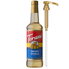 Torani French Vanilla syrup pump for precise sweetness in lattes.