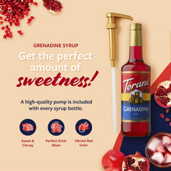 Torani Grenadine 750ml bottle features vibrant red color for drinks.