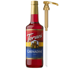 Torani Grenadine Syrup bottle with pump for easy, mess-free flavoring.